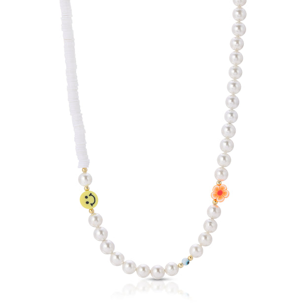 Pearl X Smiley Face Bead Necklace - essentialsjewels.com